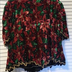 Sequined  Silk Poinsettia  Christmas Top